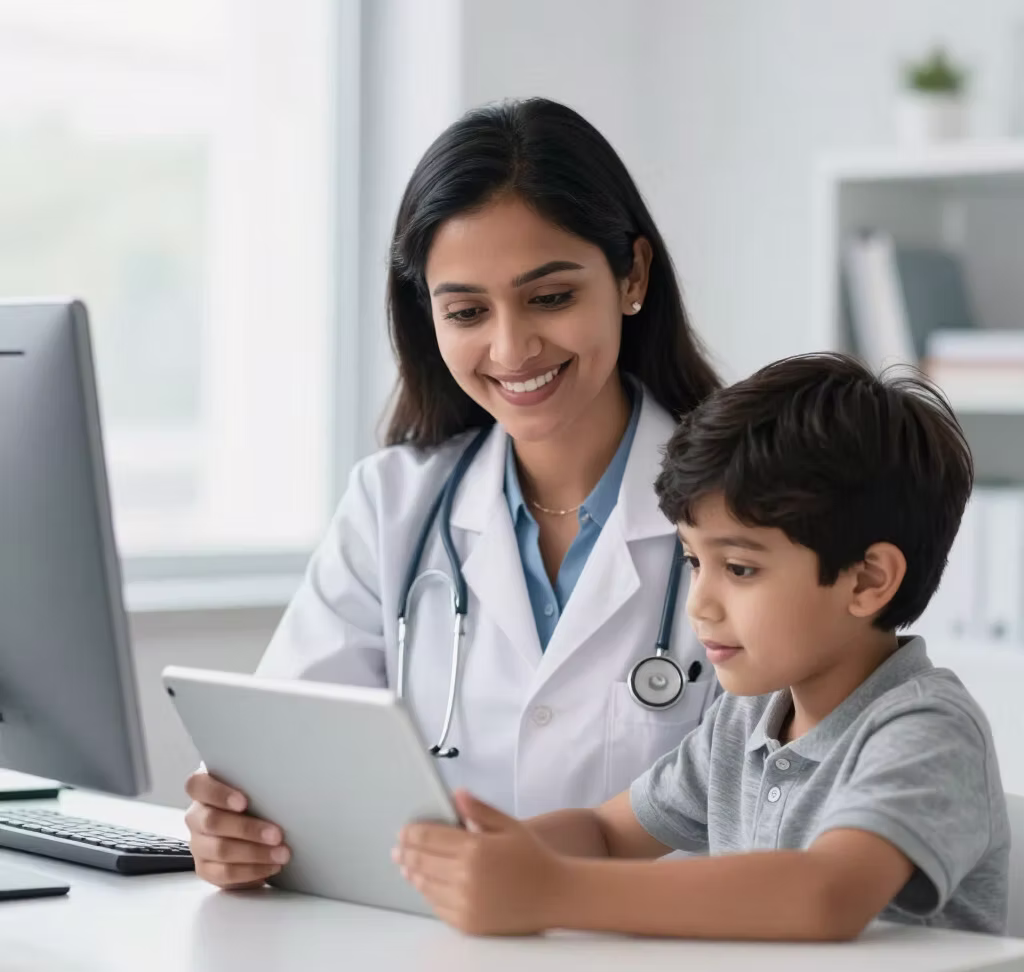 Provider reviewing care details with a young patient at the computer